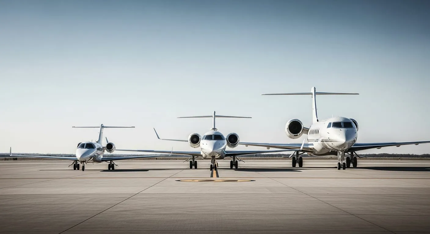 Light, midsize, and large private jets staged in a hangar