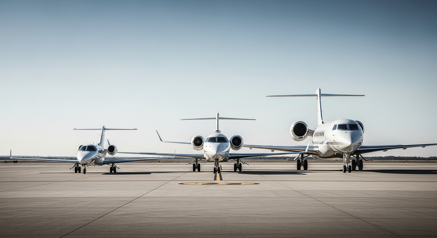 Light, midsize, and large private jets staged in a hangar